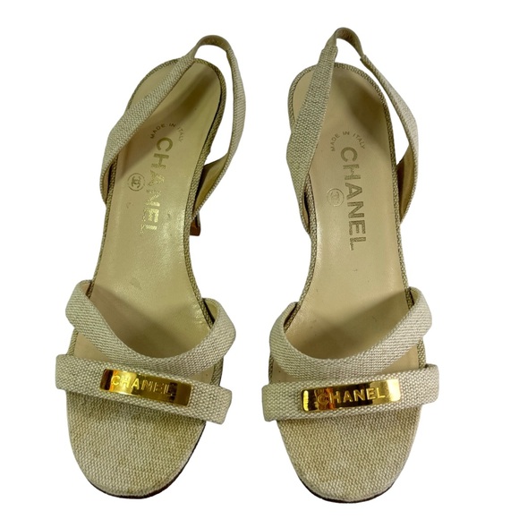 CHANEL Beige Fabric Slingback Strappy Sandals Made in Italy Marked as 37.5-7.5US - Picture 1 of 12